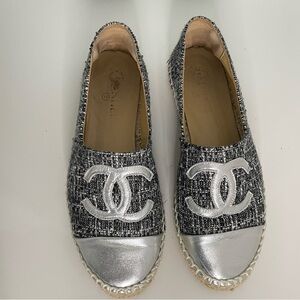 CHANEL Tweed Espadrille Slip on‎ Shoes Black Silver size 40 US 9